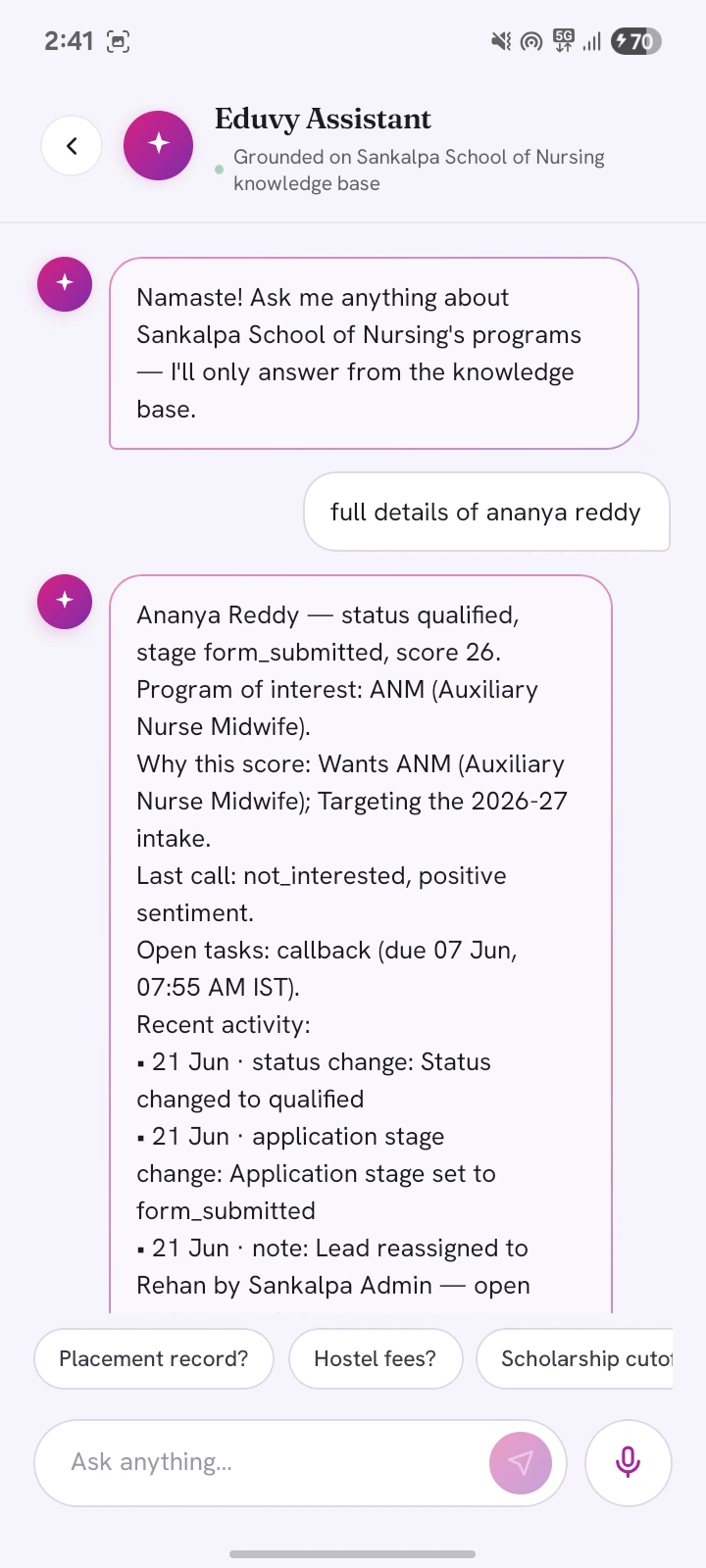 Ask AI — the Eduvy Assistant grounded answer with the green Grounded chip