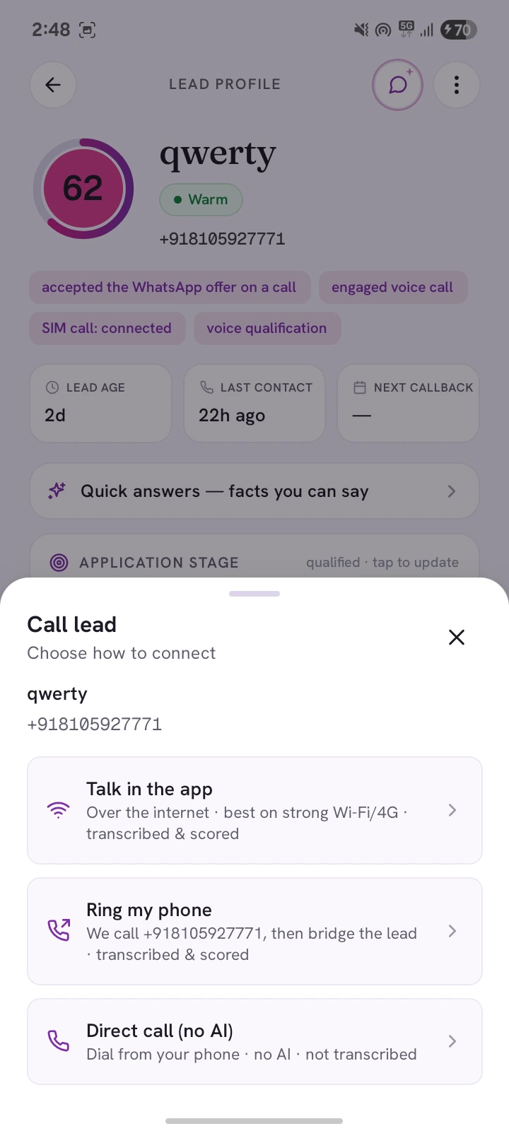 Tap Call — AVA offers three routes: Normal, Talk in the app, Ring my phone