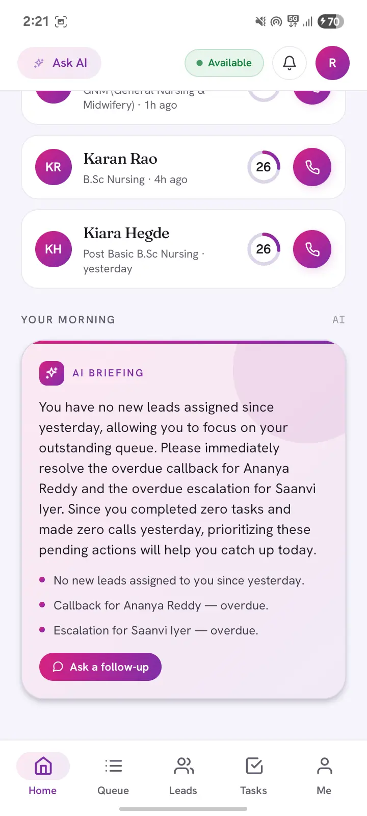 Today — AI briefing, hot-lead card, callbacks and score-ranked hot leads