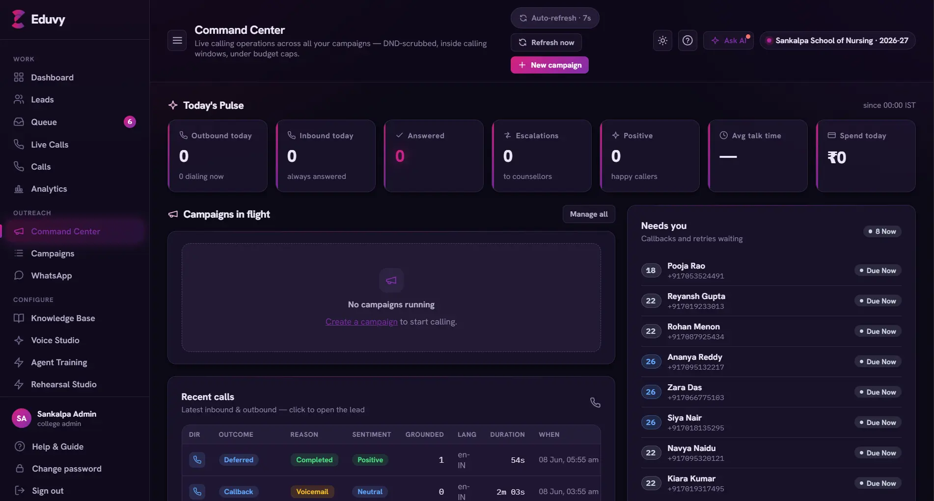 Command Center — live dialer ops, calls in flight, per-CLI number health